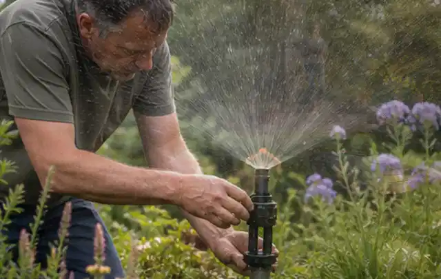 Person richtet einen laufenden Gartensprenger zwischen Stauden präzise aus; Thema Trockenrasen, Schwerpunkt Herbstpflege; Ergebnis.