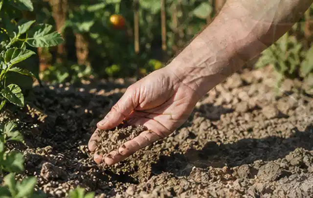 Hand prüft trockene krümelige Gartenerde während einer warmen Sommerphase; Thema Trockenrasen, Schwerpunkt Herbstpflege; Praxisalltag.