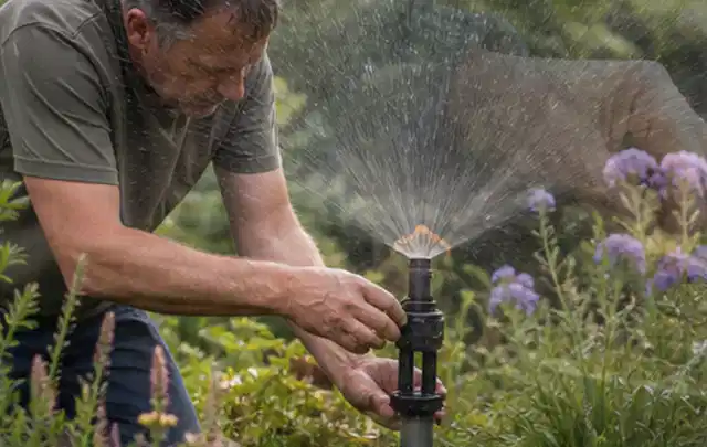 Person richtet einen laufenden Gartensprenger zwischen Stauden präzise aus; Thema Trockenrasen, Schwerpunkt Hitzeschutz; Kontrolle.
