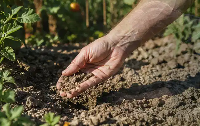 Hand prüft trockene krümelige Gartenerde während einer warmen Sommerphase; Thema Trockenrasen, Schwerpunkt Kosten; Kontrolle.