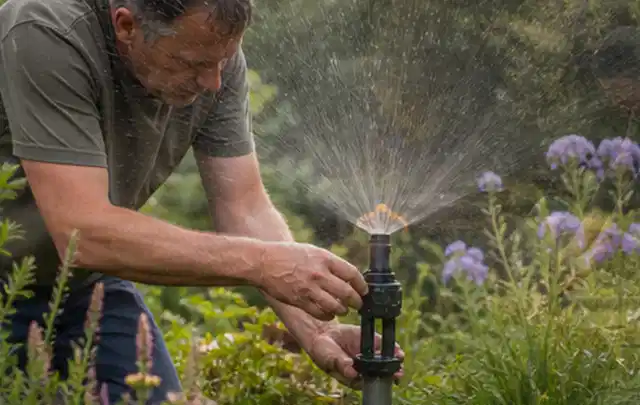 Person richtet einen laufenden Gartensprenger zwischen Stauden präzise aus; Thema Trockenrasen, Schwerpunkt Kosten; Praxisalltag.