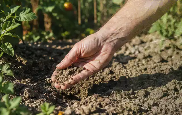 Hand prüft trockene krümelige Gartenerde während einer warmen Sommerphase; Thema Trockenrasen, Schwerpunkt Moos; Kontrolle.