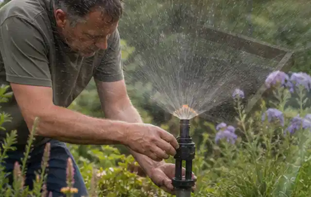 Person richtet einen laufenden Gartensprenger zwischen Stauden präzise aus; Thema Trockenrasen, Schwerpunkt Nachsaat; Ergebnis.