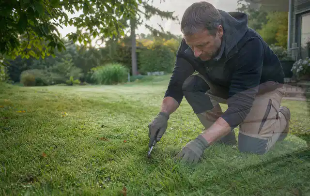Person prüft den Boden einer gepflegten Rasenfläche im Garten; Thema Trockenrasen, Schwerpunkt Neuanlage; Ausgangslage.