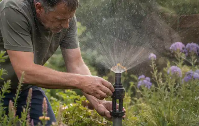 Person richtet einen laufenden Gartensprenger zwischen Stauden präzise aus; Thema Trockenrasen, Schwerpunkt Neuanlage; Kontrolle.
