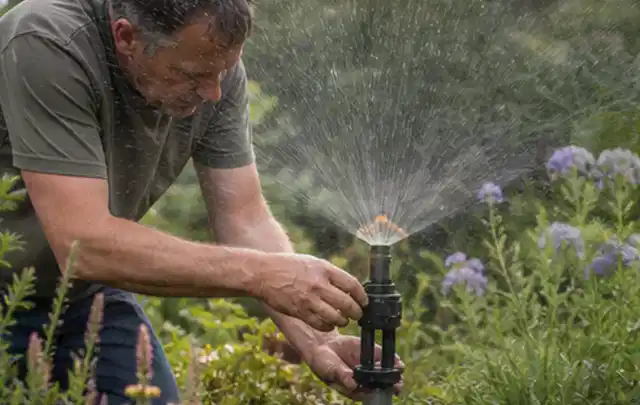 Person richtet einen laufenden Gartensprenger zwischen Stauden präzise aus; Thema Trockenrasen, Schwerpunkt Rasen; Ergebnis.