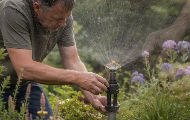 Person richtet einen laufenden Gartensprenger zwischen Stauden präzise aus; Thema Trockenrasen, Schwerpunkt Rasengesundheit; Ausgangslage.