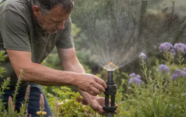 Person richtet einen laufenden Gartensprenger zwischen Stauden präzise aus; Thema Trockenrasen, Schwerpunkt Rasenschnitt; Ausgangslage.