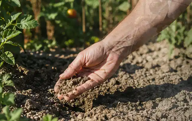 Hand prüft trockene krümelige Gartenerde während einer warmen Sommerphase; Thema Trockenrasen, Schwerpunkt Sommerpflege; Ausgangslage.