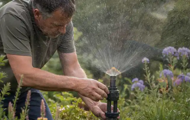 Person richtet einen laufenden Gartensprenger zwischen Stauden präzise aus; Thema Trockenrasen, Schwerpunkt Unkraut; Ausgangslage.