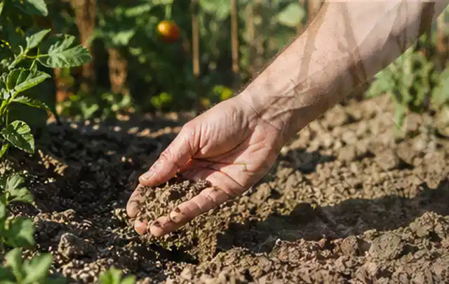 Hand prüft trockene krümelige Gartenerde während einer warmen Sommerphase; Thema Trockenrasen, Schwerpunkt Unkraut; Praxisalltag.