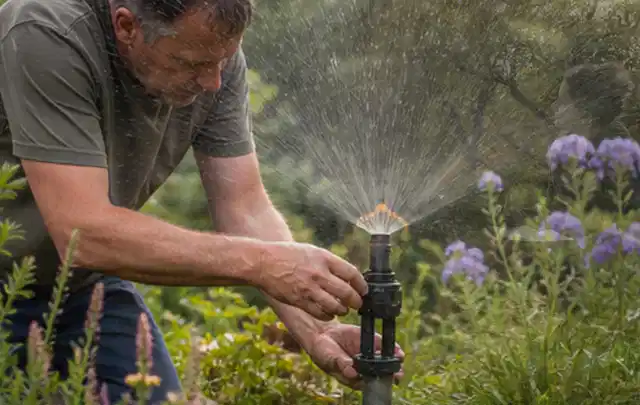 Person richtet einen laufenden Gartensprenger zwischen Stauden präzise aus; Thema Trockenrasen, Schwerpunkt Vertikutieren; Ausgangslage.
