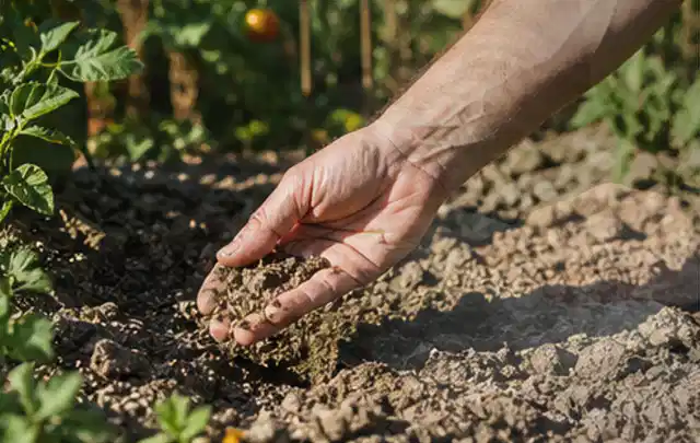 Hand prüft trockene krümelige Gartenerde während einer warmen Sommerphase; Thema Trockenrasen, Schwerpunkt Vertikutieren; Praxisalltag.
