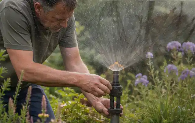 Person richtet einen laufenden Gartensprenger zwischen Stauden präzise aus; Thema Tropfbewässerung, Schwerpunkt Anwendung; Praxisalltag.
