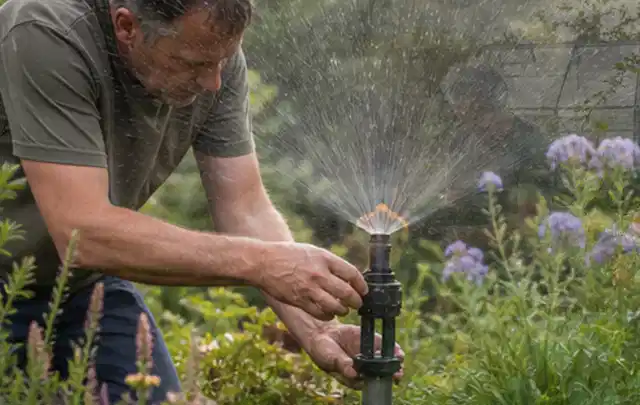 Person richtet einen laufenden Gartensprenger zwischen Stauden präzise aus; Thema Tropfbewässerung, Schwerpunkt Bestenliste; Umsetzung.