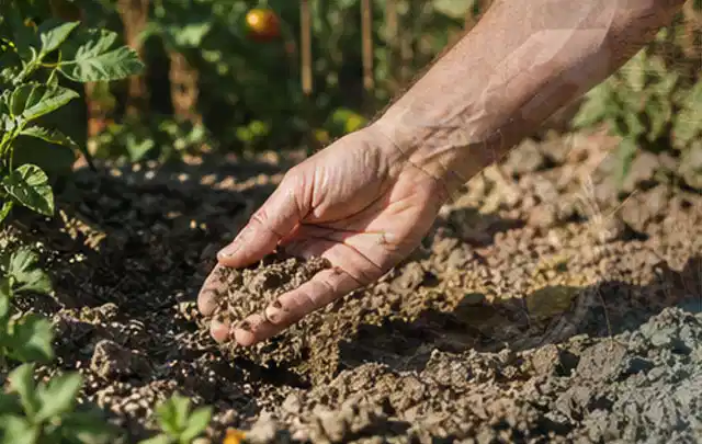 Hand prüft trockene krümelige Gartenerde während einer warmen Sommerphase; Thema Tropfbewässerung, Schwerpunkt Bewässerung; Kontrolle.
