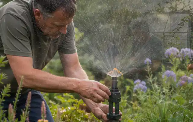 Person richtet einen laufenden Gartensprenger zwischen Stauden präzise aus; Thema Tropfbewässerung, Schwerpunkt Checkliste; Praxisalltag.