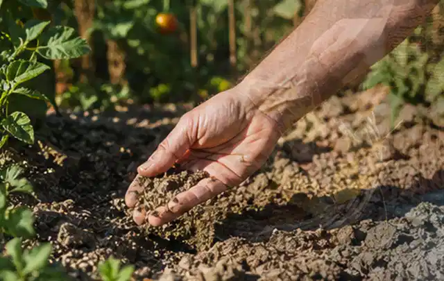 Hand prüft trockene krümelige Gartenerde während einer warmen Sommerphase; Thema Tropfbewässerung, Schwerpunkt Dimensionierung; Ausgangslage.