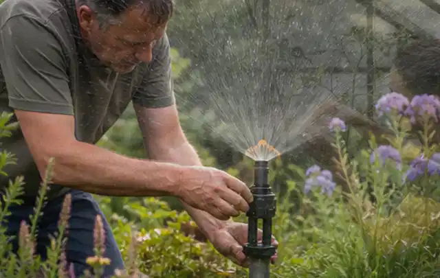 Person richtet einen laufenden Gartensprenger zwischen Stauden präzise aus; Thema Tropfbewässerung, Schwerpunkt Dimensionierung; Kontrolle.