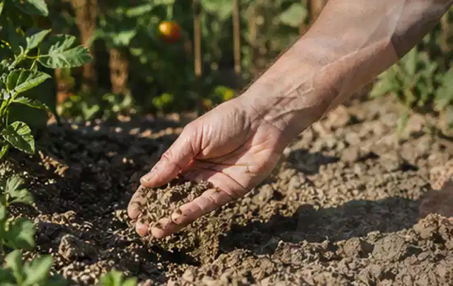 Hand prüft trockene krümelige Gartenerde während einer warmen Sommerphase; Thema Tropfbewässerung, Schwerpunkt Ersatzteile; Umsetzung.
