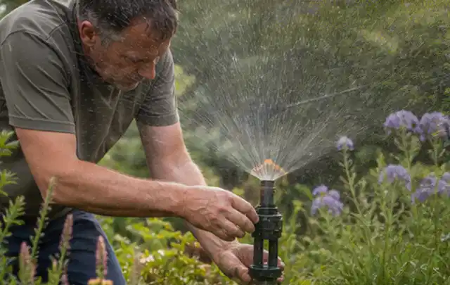 Person richtet einen laufenden Gartensprenger zwischen Stauden präzise aus; Thema Tropfbewässerung, Schwerpunkt Ersatzteile; Kontrolle.