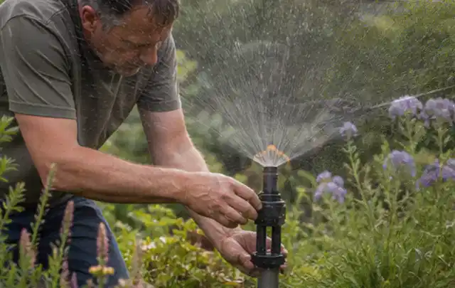 Person richtet einen laufenden Gartensprenger zwischen Stauden präzise aus; Thema Tropfbewässerung, Schwerpunkt Fehlerhilfe; Ergebnis.