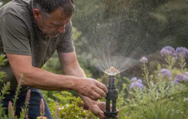 Person richtet einen laufenden Gartensprenger zwischen Stauden präzise aus; Thema Tropfbewässerung, Schwerpunkt Gärten mit großer Fläche; Ausgangslage.
