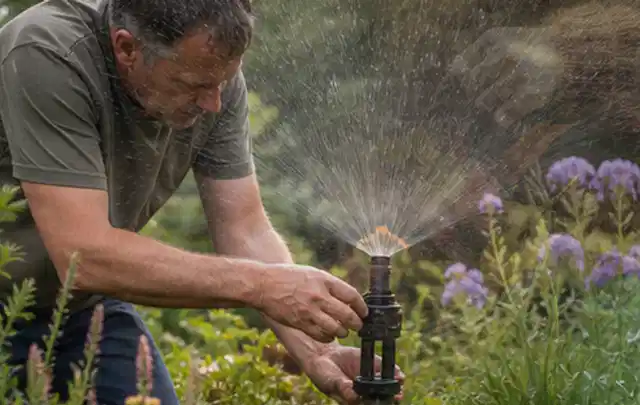 Person richtet einen laufenden Gartensprenger zwischen Stauden präzise aus; Thema Tropfbewässerung, Schwerpunkt Gärten mit kleiner Fläche; Kontrolle.