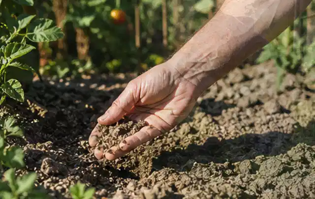 Hand prüft trockene krümelige Gartenerde während einer warmen Sommerphase; Thema Tropfbewässerung, Schwerpunkt Gärten mit kleiner Fläche; Praxisalltag.