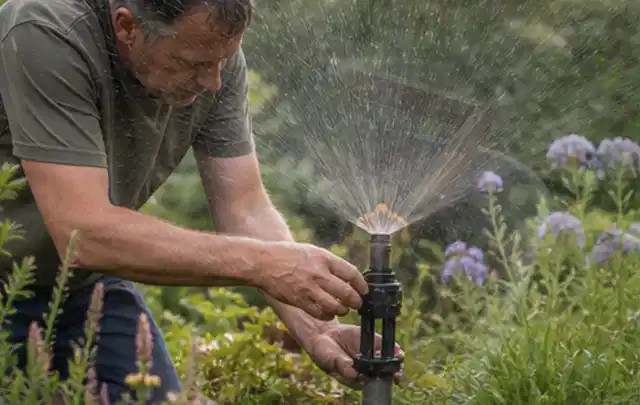 Person richtet einen laufenden Gartensprenger zwischen Stauden präzise aus; Thema Tropfbewässerung, Schwerpunkt Kaufberatung; Umsetzung.