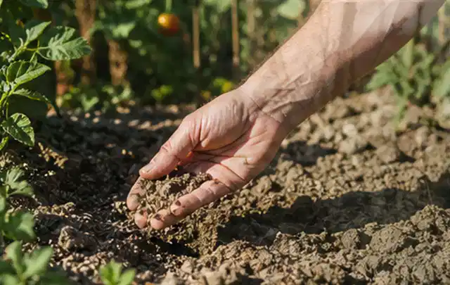 Hand prüft trockene krümelige Gartenerde während einer warmen Sommerphase; Thema Tropfbewässerung, Schwerpunkt Kosten; Ausgangslage.