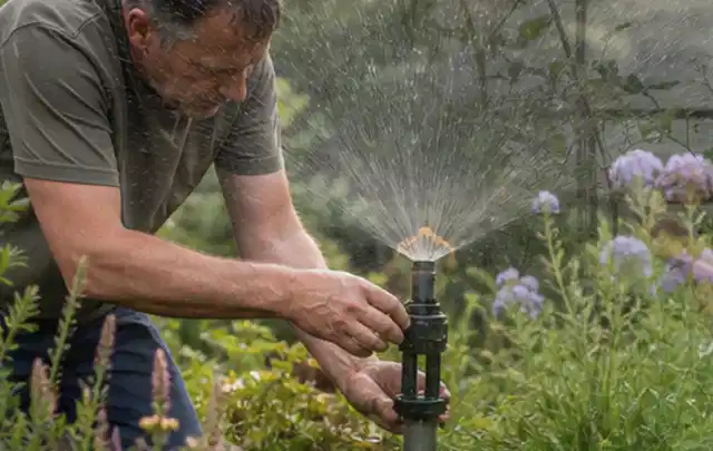 Person richtet einen laufenden Gartensprenger zwischen Stauden präzise aus; Thema Tropfbewässerung, Schwerpunkt Kosten; Ergebnis.