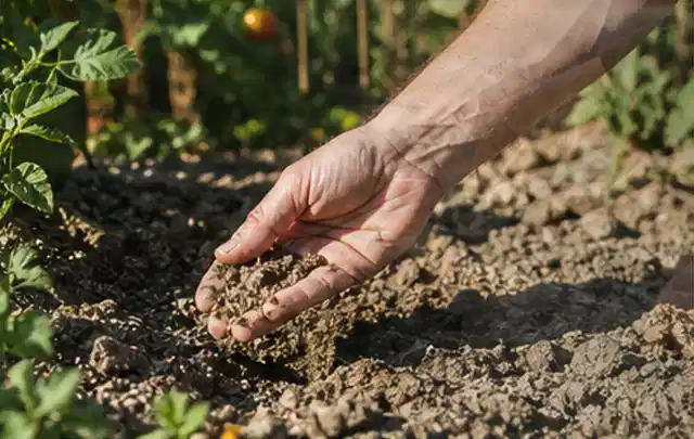 Hand prüft trockene krümelige Gartenerde während einer warmen Sommerphase; Thema Tropfbewässerung, Schwerpunkt Leistung; Kontrolle.