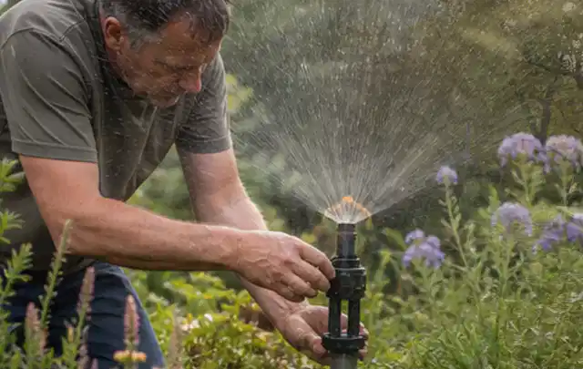 Person richtet einen laufenden Gartensprenger zwischen Stauden präzise aus; Thema Tropfbewässerung, Schwerpunkt Leistung; Ergebnis.