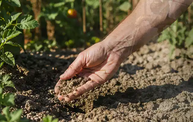 Hand prüft trockene krümelige Gartenerde während einer warmen Sommerphase; Thema Tropfbewässerung, Schwerpunkt Nachhaltigkeit; Ausgangslage.