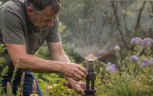 Person richtet einen laufenden Gartensprenger zwischen Stauden präzise aus; Thema Tropfbewässerung, Schwerpunkt Nachhaltigkeit; Kontrolle.