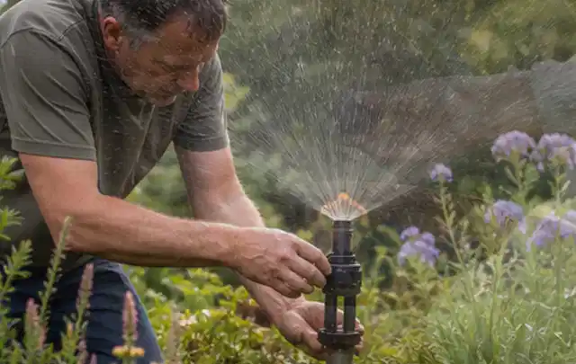 Person richtet einen laufenden Gartensprenger zwischen Stauden präzise aus; Thema Tropfbewässerung, Schwerpunkt Reparatur; Kontrolle.