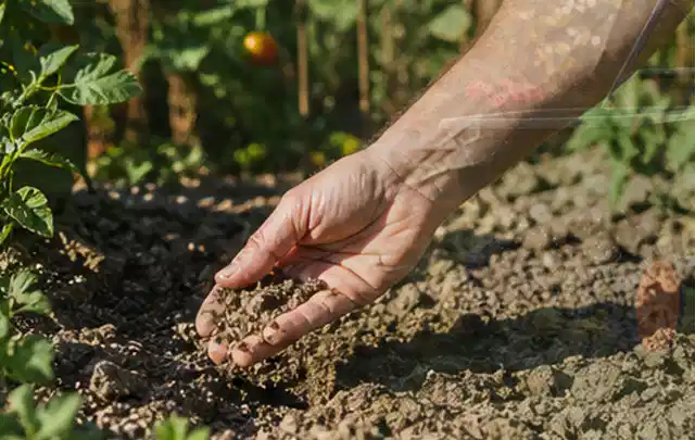 Hand prüft trockene krümelige Gartenerde während einer warmen Sommerphase; Thema Tropfbewässerung, Schwerpunkt Reparatur; Praxisalltag.
