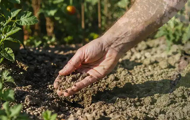 Hand prüft trockene krümelige Gartenerde während einer warmen Sommerphase; Thema Tropfbewässerung, Schwerpunkt Sicherheit; Umsetzung.