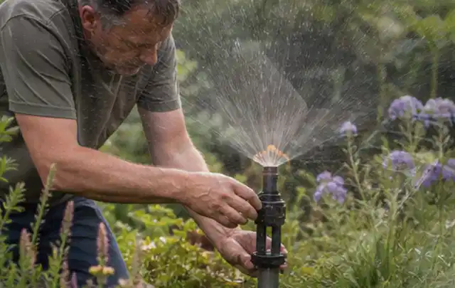 Person richtet einen laufenden Gartensprenger zwischen Stauden präzise aus; Thema Tropfbewässerung, Schwerpunkt Sicherheit; Praxisalltag.