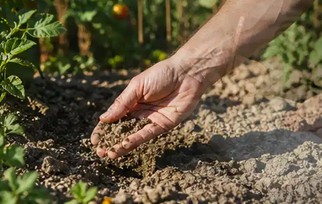 Hand prüft trockene krümelige Gartenerde während einer warmen Sommerphase; Thema Tropfbewässerung, Schwerpunkt Systemvergleich; Ausgangslage.