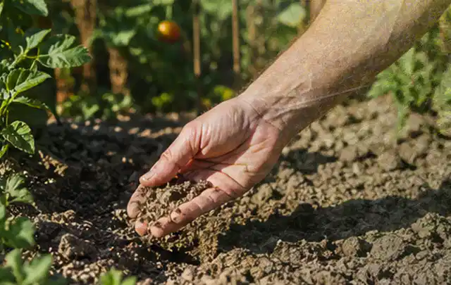 Hand prüft trockene krümelige Gartenerde während einer warmen Sommerphase; Thema Tropfbewässerung, Schwerpunkt Testkriterien; Ausgangslage.