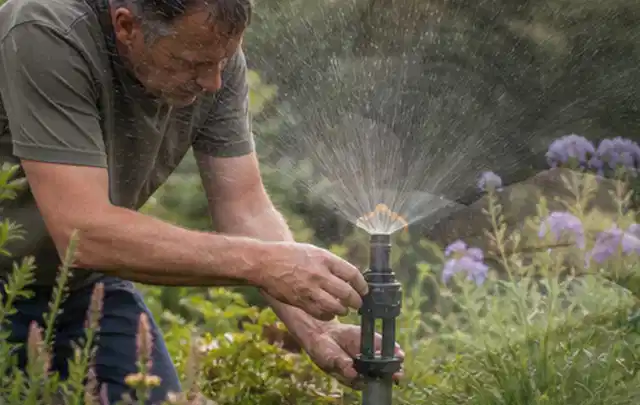 Person richtet einen laufenden Gartensprenger zwischen Stauden präzise aus; Thema Tropfbewässerung, Schwerpunkt Testkriterien; Ergebnis.