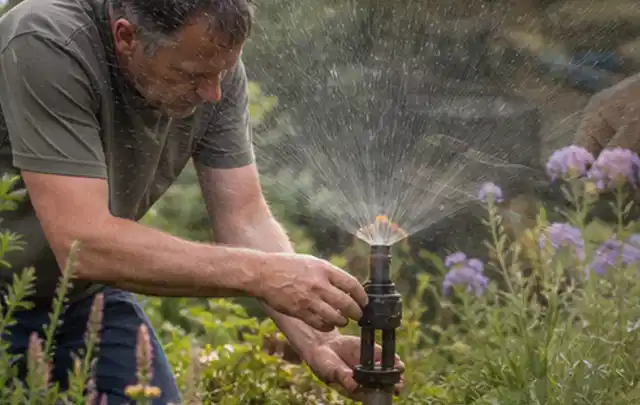 Person richtet einen laufenden Gartensprenger zwischen Stauden präzise aus; Thema Tropfbewässerung, Schwerpunkt Vergleich; Ausgangslage.