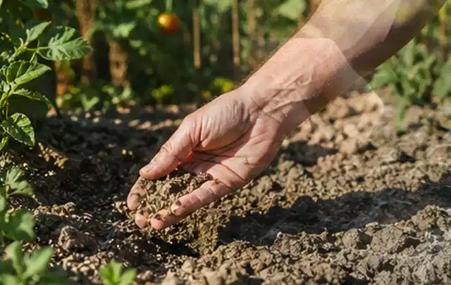 Hand prüft trockene krümelige Gartenerde während einer warmen Sommerphase; Thema Tropfbewässerung, Schwerpunkt Winterlager; Umsetzung.