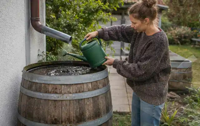 Person kontrolliert ein gefülltes Regenfass unter einem Fallrohr am Haus; Thema Tropfbewässerung, Schwerpunkt Winterlager; Ergebnis.