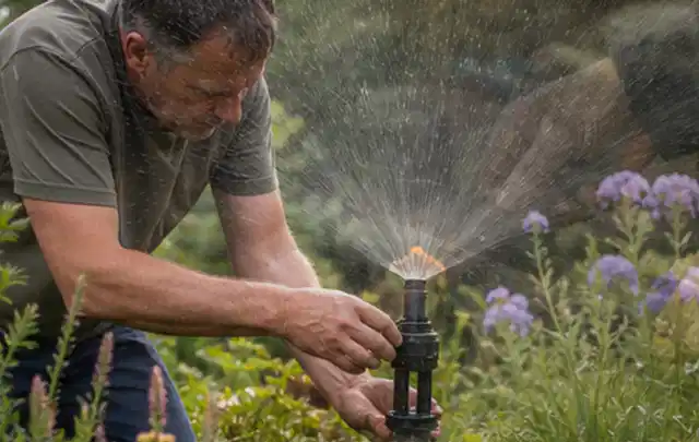 Person richtet einen laufenden Gartensprenger zwischen Stauden präzise aus; Thema Tropfbewässerung, Schwerpunkt Winterlager; Praxisalltag.