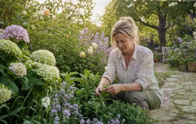 Person pflegt üppige Pflanzen in einem natürlich beleuchteten Garten; Thema Tulpen, Schwerpunkt Bewässerung; Ausgangslage.