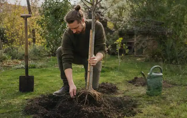 Person setzt einen jungen Zierbaum in ein vorbereitetes Pflanzloch im Garten; Thema Tulpen, Schwerpunkt Blumen; Ergebnis.