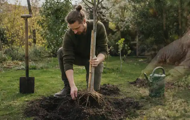 Person setzt einen jungen Zierbaum in ein vorbereitetes Pflanzloch im Garten; Thema Tulpen, Schwerpunkt Boden; Umsetzung.